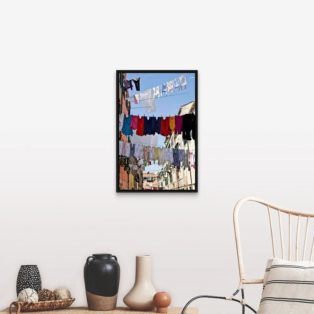 "Clotheslines hanging from apartments in Venice, Italy" Black Float Frame Canvas Art