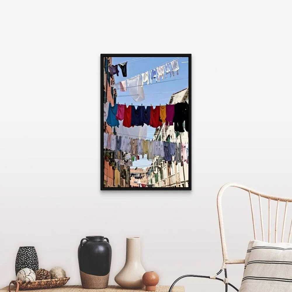 "Clotheslines hanging from apartments in Venice, Italy" Black Float Frame Canvas Art