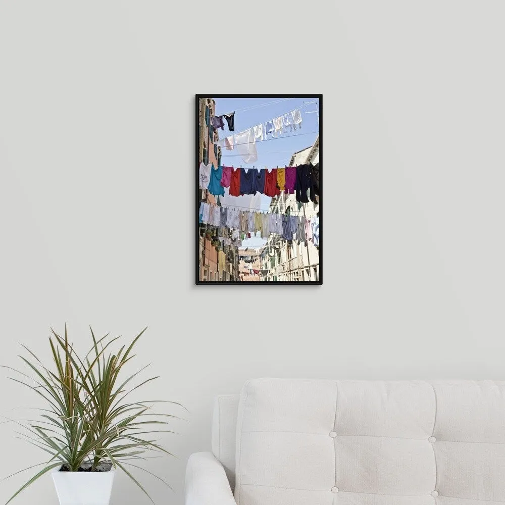 "Clotheslines hanging from apartments in Venice, Italy" Black Float Frame Canvas Art