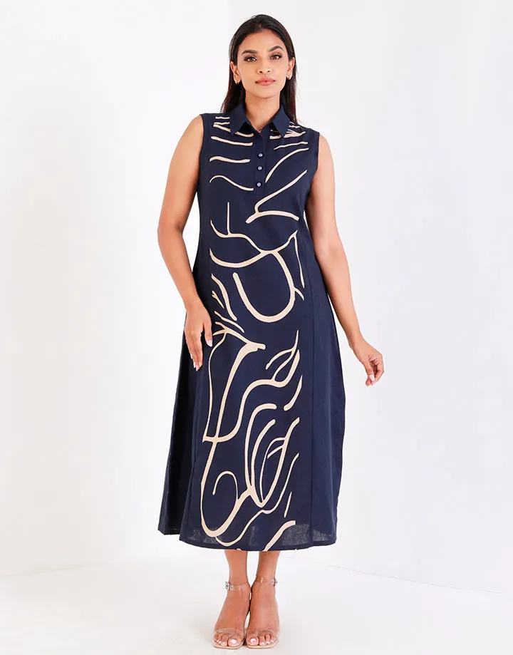 Shirt Collar Screen Print Sleeveless Dress