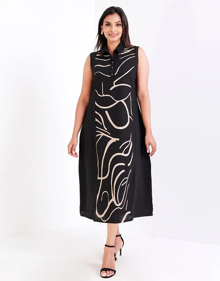 Shirt Collar Screen Print Sleeveless Dress