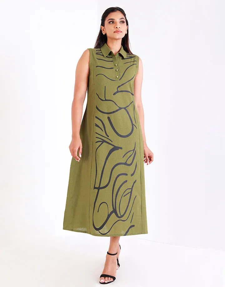 Shirt Collar Screen Print Sleeveless Dress