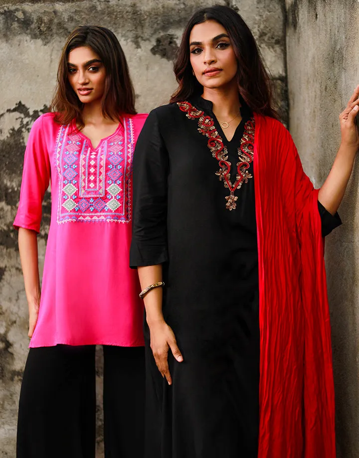 Split Neck Line Kurtha with Embroidered Details