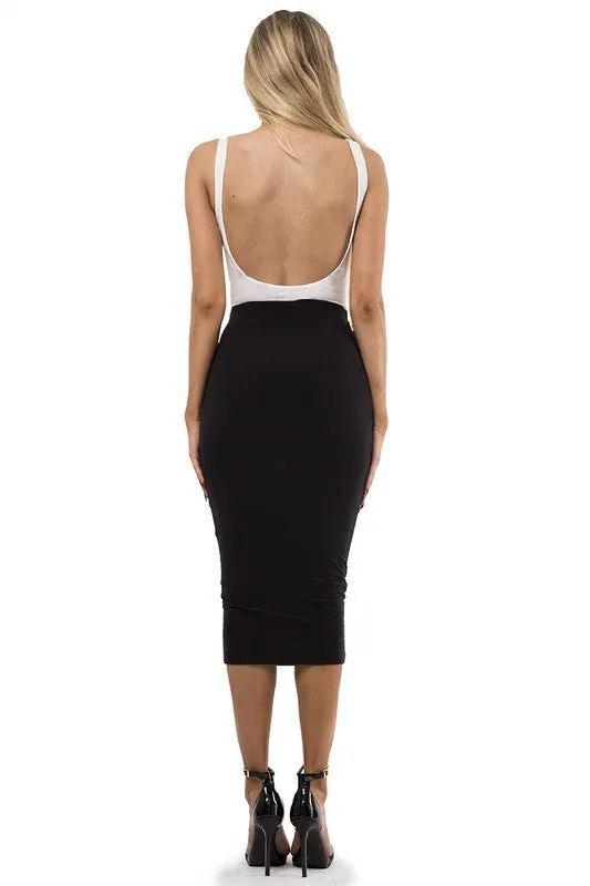 THE MYSTYLEMODE BLACK ESSENTIAL VENEZIA DOUBLE LINED MIDI SKIRT