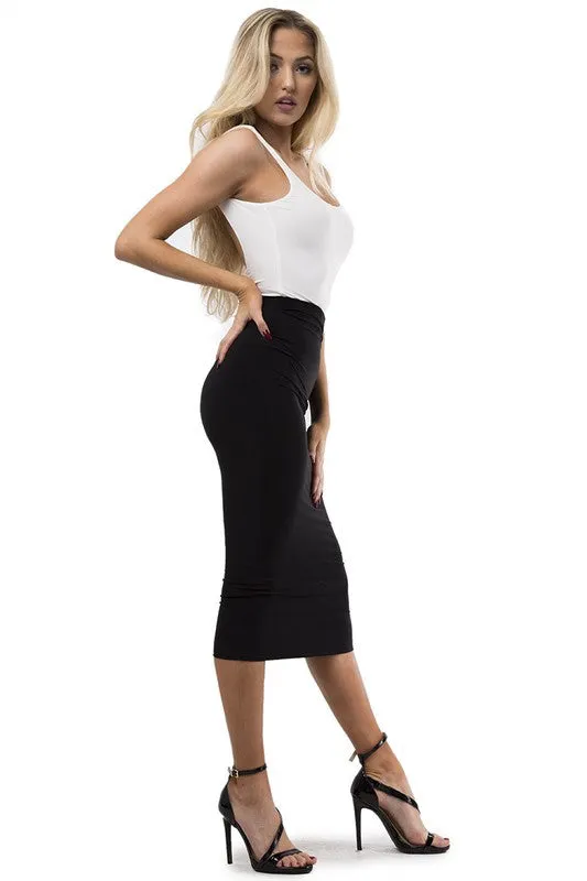 THE MYSTYLEMODE BLACK ESSENTIAL VENEZIA DOUBLE LINED MIDI SKIRT