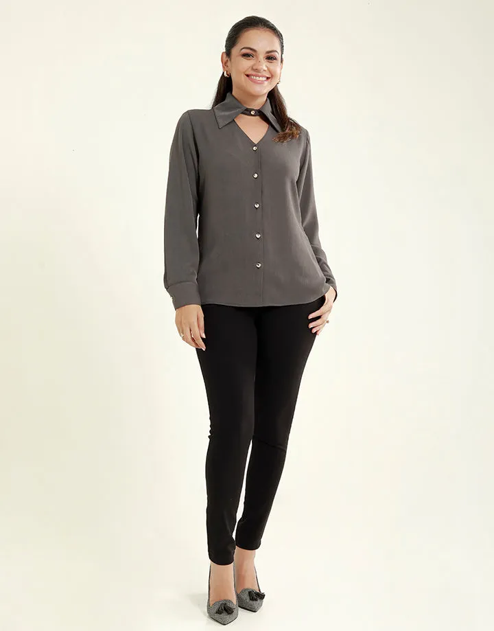 V-Neck Collard Blouse with Long Sleeves