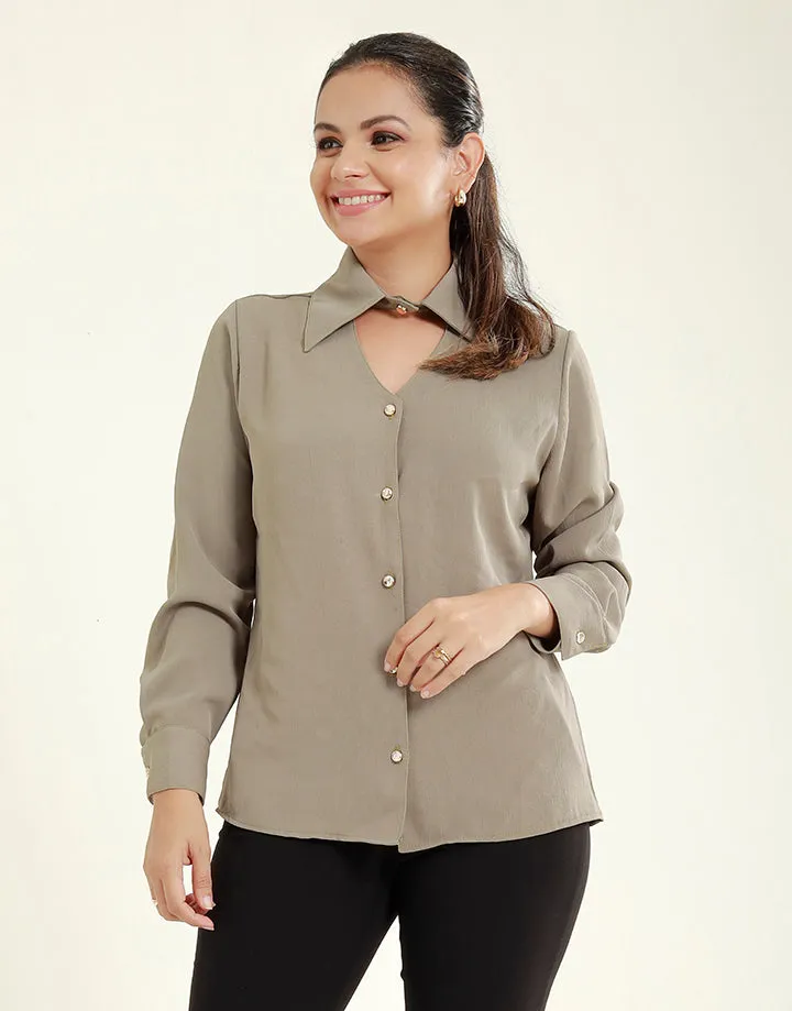 V-Neck Collard Blouse with Long Sleeves