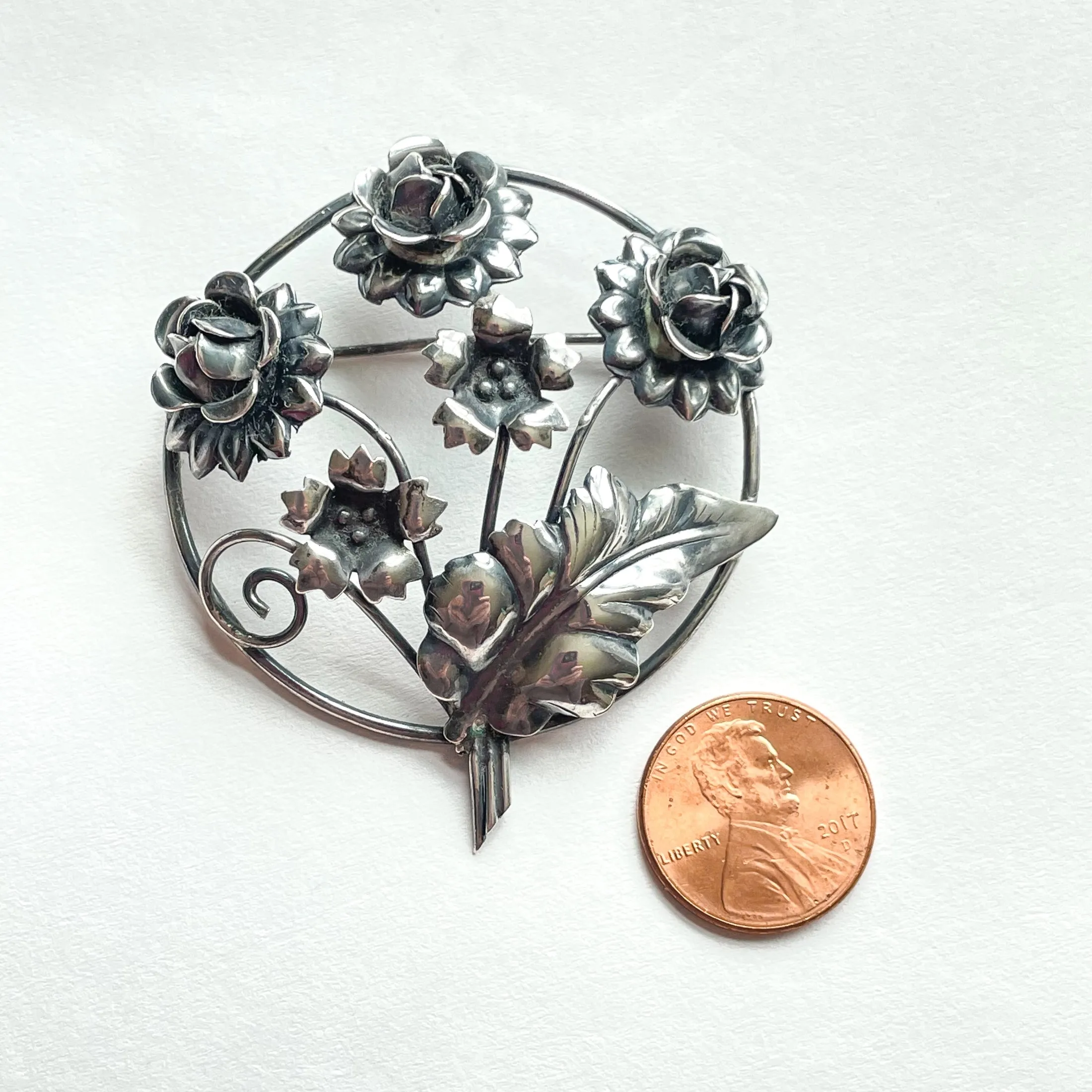 Vintage 40s Sterling Silver Flower Brooch