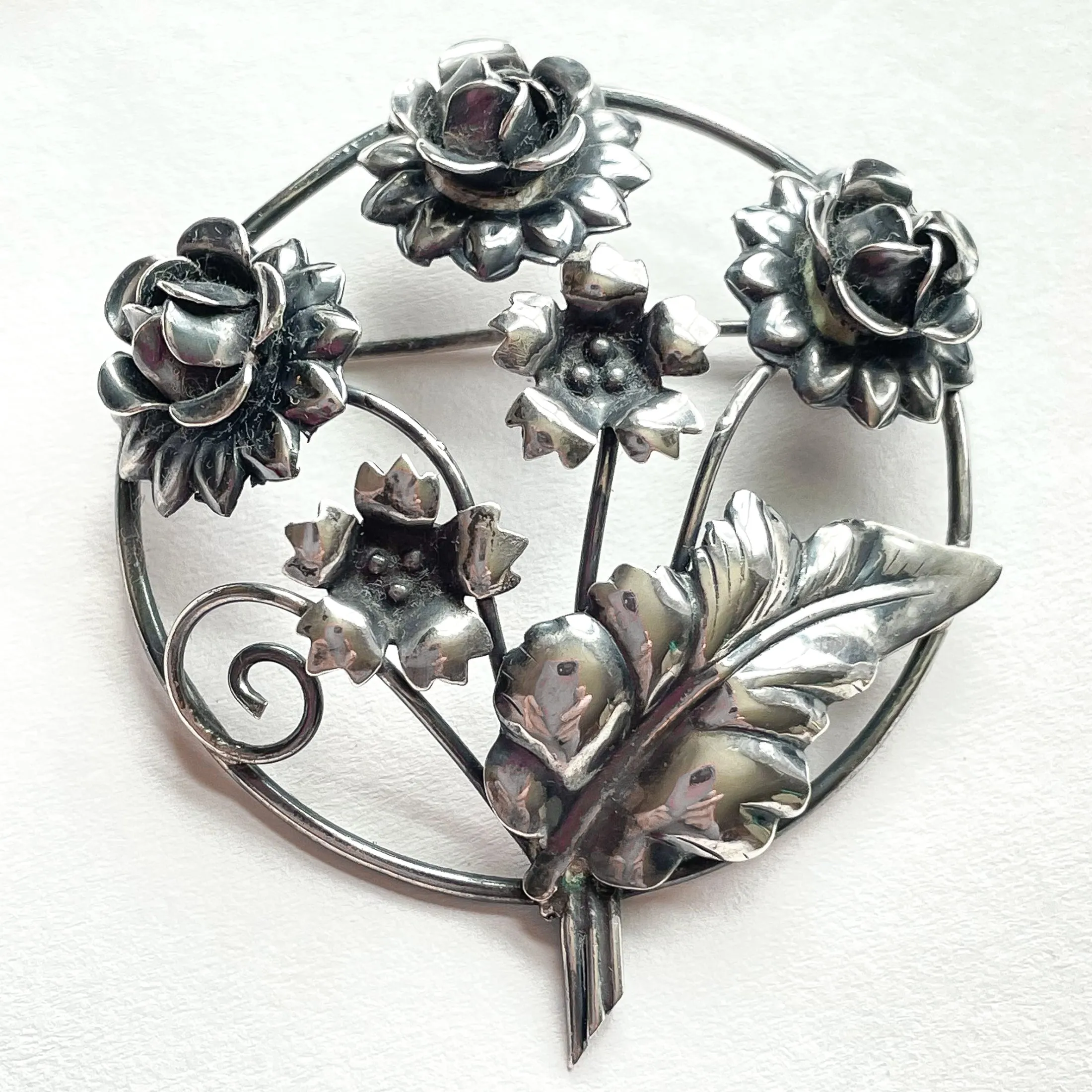 Vintage 40s Sterling Silver Flower Brooch