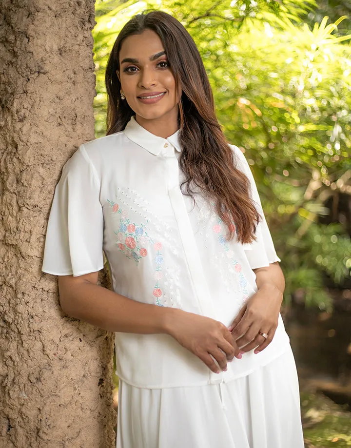 White Embroidered Blouse with Flared Sleeves