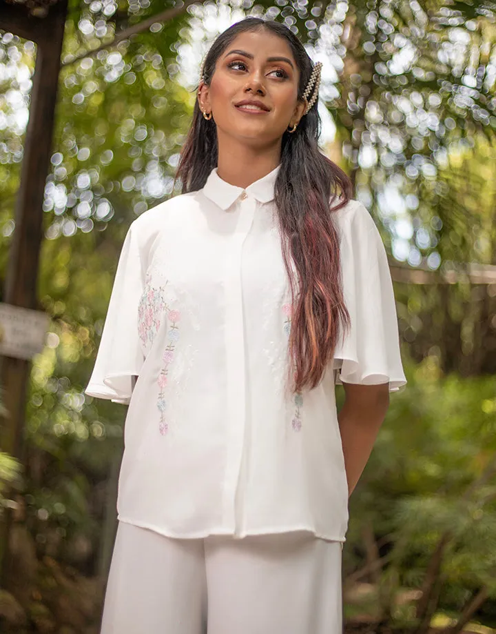 White Embroidered Blouse with Flared Sleeves