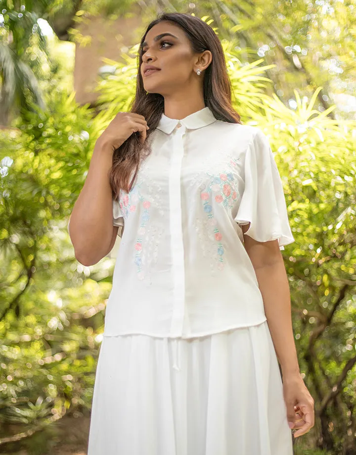 White Embroidered Blouse with Flared Sleeves